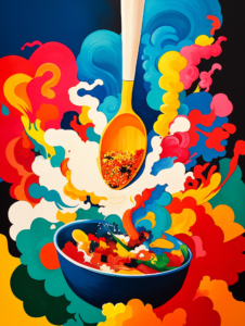 A spoon stirring a whirlpool of flavors, symbolizing the mixing and blending of diverse ingredients