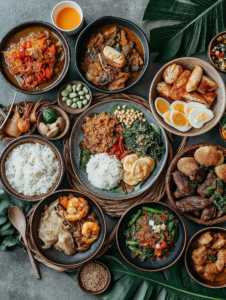 A spread of diverse traditional dishes from different cultures on a table, representing the importance of food in cultural identity