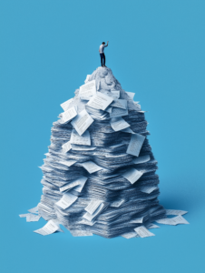 A stack of resumes forming a mountain, with a person climbing to the top, symbolizing the challenge of standing out in a competitive job market