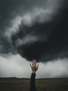 A storm cloud shaped like a giant hand reaching down to touch the ground, symbolizing the power of nature’s weather patterns