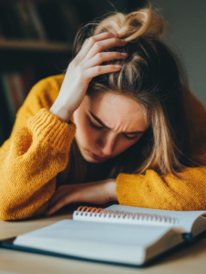 A student deeply focused on writing or completing assignments in a journal, representing dedication to studying