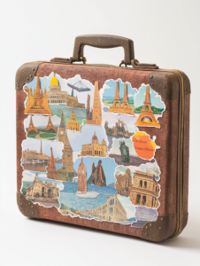 A suitcase covered in stickers of famous landmarks, with tiny scenes of those places popping out, symbolizing travel memories coming to life