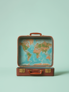 A suitcase opening to reveal a miniature world map inside, symbolizing endless travel possibilities