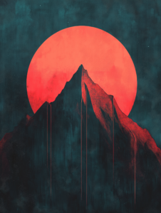 A sun rising behind a mountain made of tears, symbolizing hope and renewal after a period of sadness or emotional struggle