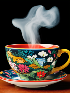 A teacup with steam turning into a peaceful landscape, representing the calming effect of a warm drink