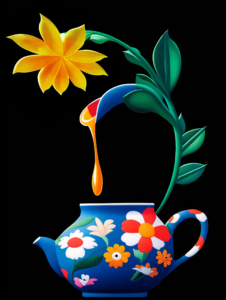 A teapot pouring liquid into a flower, symbolizing the nurturing and soothing qualities of beverages like tea