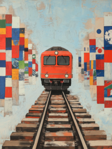 A train riding along tracks made of famous global flags, symbolizing cultural diversity in travel destinations