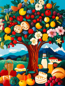 A tree whose branches bear different types of food (cheese, bread, fruits), illustrating the diversity of nature’s bounty