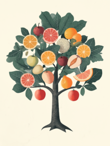 A tree with fruits as weights on its branches, symbolizing how nature’s produce supports strength and fitness