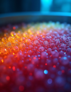 A vibrant close-up of colorful algae growing in a bioreactor, illuminated by artificial light, symbolizing the potential of biofuels