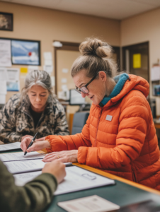 A volunteer helping a person fill out legal forms in a community center, representing access to legal aid and support services