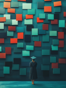 A wall made entirely of diplomas, with a graduate standing before it, signifying the weight of academic achievements