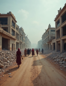 A war-torn country with destroyed buildings and displaced people, illustrating the devastating consequences of the breakdown of democracy