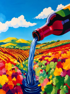 A waterfall of wine pouring from a bottle into a vineyard, symbolizing the deep connection between the drink and its origin