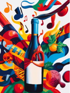 A wine bottle pouring a liquid that transforms into musical notes, symbolizing the harmony and rhythm of flavors in fine dining