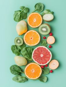 A yoga mat made of fruits and vegetables, symbolizing the harmony between nutrition and mindfulness in fitness