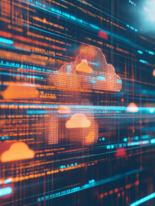 Abstract visuals of cloud icons with digital data and information flowing into them, representing the storage and transfer of data