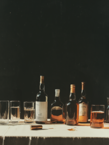 An array of empty alcohol bottles and glasses on a table, symbolizing the negative impact of alcohol abuse