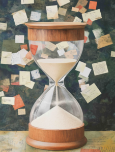 An hourglass with sand turning into letters and numbers as it falls, symbolizing the time and effort required to build knowledge