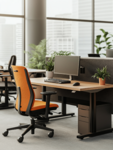 An office setting designed for inclusivity, featuring accessible workstations and assistive technology for individuals with disabilities