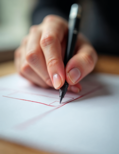 Close-up of a hand marking a ballot paper, highlighting the tangible act of exercising one’s democratic right