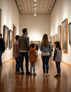 Family engaging with exhibits, discussing art, and learning together