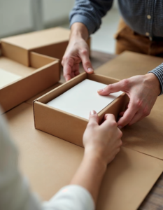 Hands carefully placing a fragile item in a custom-fit box, emphasize the care and precision involved in protective packaging.