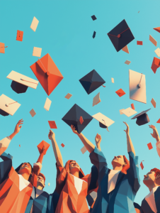 Low-poly students tossing their caps into the air, with the caps, diplomas, and gowns all created in angular, geometric shapes