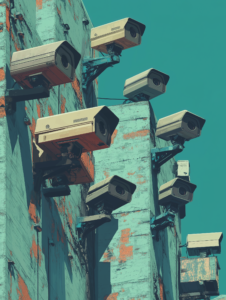 Multiple surveillance cameras watching over a cityscape, symbolizing monitoring and public security