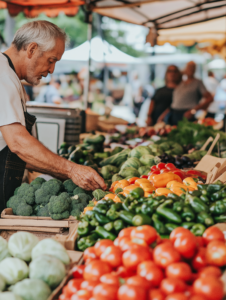 Shoppers at a local farmers’ market, buying fresh, organic produce, emphasizing support for local agriculture and sustainable food choices