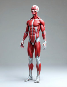 A 3D model of the muscular system, showcasing the different muscle groups and their functions