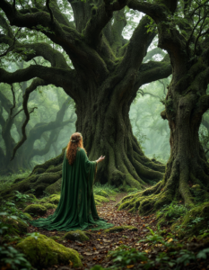 A Celtic druid performing a ritual in a sacred grove, surrounded by ancient trees