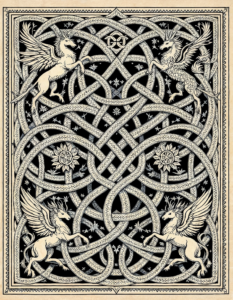 A Celtic knotwork design incorporating images of mythical creatures like griffins and unicorns