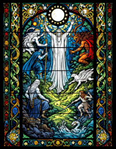 A Celtic legend illustrated in a stained glass window, showcasing mythical heroes and creatures