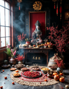 A Chinese ancestor altar with offerings of food and incense