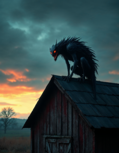 A Chupacabra perched on a barn roof, its glowing red eyes scanning the countryside for its next prey