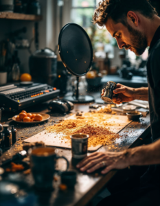 A Foley artist creating sound effects for a film, using everyday objects to mimic realistic sounds