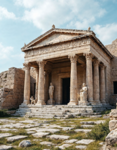 A Greek temple dedicated to a specific god or goddess, with statues and offerings