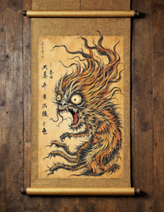 A Japanese scroll depicting a yokai, a supernatural creature from folklore