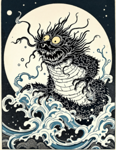 A Japanese woodblock print of a kappa, a mischievous water creature from folklore