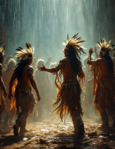 A Native American tribe performing a rain dance, seeking blessings from the spirits