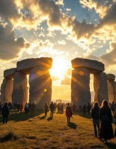 A Stonehenge-like monument with people gathered for a solstice celebration, aligning with the sun’s rays