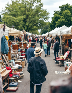 A bustling flea market with vendors displaying their wares, from antique furniture to vintage clothing and quirky collectibles