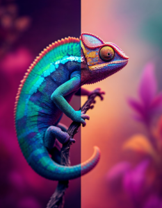 A chameleon changing colors to match its surroundings, symbolizing a brand’s ability to adapt and evolve