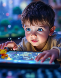 A child exploring a virtual world with wide-eyed wonder, discovering new experiences