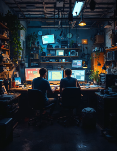 A classic image of a tech startup beginning in a messy garage, filled with computers, wires, and passionate individuals working late into the night