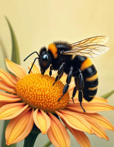 A close-up of a bee collecting pollen from a flower, emphasizes the interconnectedness of nature and the role of pollinators in food production