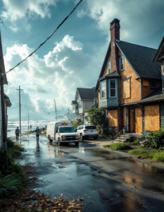 A coastal town bracing for a hurricane, with boarded-up windows and residents evacuating