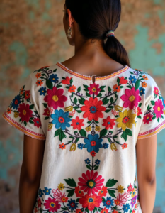 A colorful Mexican embroidered blouse showcasing intricate floral patterns and vibrant colors