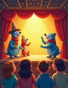 A colorful illustration of a puppet show, with the audience captivated by the whimsical characters and story